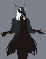 1other 23i2ko bird_mask black_hands chain coat colored_extremities cowboy_shot facing_viewer fingernails gold_chain gold_necklace gold_ring gradient_horns green_coat grey_background highres horns jewelry light_smile long_hair mask multicolored_horns multiple_rings necklace original outstretched_hand popped_collar ring sharp_fingernails simple_background skull_mask solo torn_clothes torn_coat white_hair