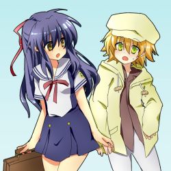 Rule 34 | 00s, 1boy, 1girl, bad id, bad pixiv id, blonde hair, blue hair, brown eyes, clannad, clannad after story, long hair, sagara misae, shacttainw, shima katsuki, short hair, yellow eyes