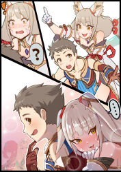 1boy 3girls animal_ears annoyed blunt_bangs blush bodysuit breasts cat_ears facial_mark flat_chest flustered gloves hey_cre highres jealous large_breasts multiple_girls nia_(blade)_(xenoblade) nia_(xenoblade) rex_(xenoblade) short_hair silver_hair smile surprised white_gloves xenoblade_chronicles_(series) xenoblade_chronicles_2 yellow_bodysuit yellow_eyes