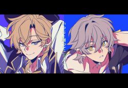 Rule 34 | 2boys, arms behind head, arms up, aventurine (honkai: star rail), aventurine (stoneheart&#039;s oath ring) (honkai: star rail), black border, black coat, black hat, black vest, blonde hair, blue background, blue eyes, blue gemstone, border, caelus (honkai: star rail), closed mouth, coat, collared shirt, commentary request, crossed bangs, crystal earrings, earrings, gem, grey hair, hair between eyes, half-closed eyes, hat, highres, honkai: star rail, honkai (series), hood, hooded coat, jewelry, lapels, long sleeves, looking at viewer, male focus, multicolored eyes, multiple boys, necktie, official alternate costume, open clothes, open coat, open vest, puffy long sleeves, puffy sleeves, purple background, purple eyes, rongyuan gulu, shirt, short hair, simple background, smile, t-shirt, teeth, trailblazer (honkai: star rail), translation request, upper body, vest, white shirt, yellow eyes, yellow necktie