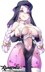Rule 34 | 1girl, baseball cap, blue eyes, booba-chan, breast curtains, breasts, hair between eyes, hat, highres, hot vr, large breasts, long hair, looking at viewer, multicolored hair, navel, nun, original, pantyhose, patreon logo, patreon username, pelvic curtain, pink hair, pink pantyhose, pixiv logo, pixiv username, skindentation, solo, streaked hair, subscribestar username, thighhighs, white hair