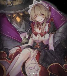 Rule 34 | 1girl, black dress, blue eyes, brown hair, dress, genshin impact, headdress, highres, light smile, long sleeves, looking at viewer, multicolored dress, robot, sandrone (genshin impact), short hair with long locks, sitting, vivvfauumeow, white dress