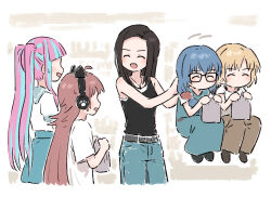 5girls :d ^_^ animal_ear_headphones animal_ears asahi_rokka bang_dream! bare_shoulders black-framed_eyewear black_hair black_tank_top blue_dress blue_hair blue_pants blue_sailor_collar blue_skirt blunt_bangs brown_hair brown_pants bullfalk cat_ear_headphones closed_eyes dress fake_animal_ears glasses headphones highres holding jewelry long_sidelocks miniskirt multicolored_hair multiple_girls necklace no_eyes no_mouth nyubara_reona open_mouth pants parted_hair pinafore_dress pink_hair raise_a_suilen sailor_collar sato_masuki school_uniform scruffed serafuku shirt short_sleeves sidelocks skirt sleeveless sleeveless_dress smile standing streaked_hair tamade_chiyu tank_top twintails two-tone_hair wakana_rei white_shirt