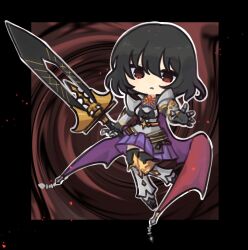 1girl armor armored_boots black_gloves black_hair black_thighhighs boots breastplate brown_background cape chibi chibi_only closed_mouth commentary_request dragon_knight_(ragnarok_online) expressionless full_body gauntlets gloves highres holding holding_sword holding_weapon hunihuni looking_at_viewer pauldrons purple_skirt ragnarok_online red_cape red_eyes short_hair shoulder_armor skirt solo sword thighhighs weapon