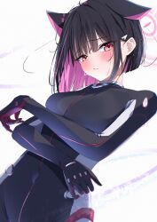 1girl alternate_costume animal_ears black_bodysuit black_hair blue_archive blunt_ends blush bob_cut bodysuit cat_ears cat_girl closed_mouth colored_inner_hair extra_ears highres kazu_(kauk3753) kazusa_(blue_archive) looking_at_viewer medium_hair multicolored_hair pink_eyes sidelocks solo sweatdrop two-tone_hair