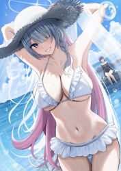2girls aoi_(blue_archive) bare_shoulders beach bikini blue_archive blue_eyes blue_hair blush braid breasts cleavage colored_inner_hair commentary_request general_student_council_president_(blue_archive) hair_over_one_eye halo hat highres large_breasts long_hair looking_at_viewer multicolored_hair multiple_girls navel nicky_w ocean pink_hair side_braid smile straw_hat swimsuit white_bikini