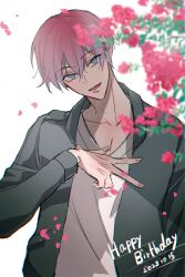 Rule 34 | 1boy, 2023, bishounen, blue eyes, collarbone, commentary request, dated, flower, hair between eyes, hand up, happy birthday, highres, ichica (seto0717), jacket, kiyozumi hisora, long sleeves, looking at viewer, male focus, nie no machi, open clothes, open jacket, open mouth, pink flower, pink hair, shirt, short hair, simple background, smile, solo, upper body, v