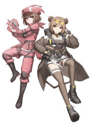 2girls absurdres ammunition_pouch black_boots black_gloves black_thighhighs boots breast_pocket brown_hair brown_jacket bullpup cheogtanbyeong closed_mouth commentary_request crossover double_bun full_body girls&#039;_frontline gloves gun hair_bun hat hat_with_ears highres holding holding_gun holding_weapon hood hooded_jacket jacket knee_pads korean_commentary lace-up_boots llenn_(sao) long_hair mixed-language_commentary multiple_girls open_clothes open_jacket open_mouth p-chan_(p90) p90 p90_(girls&#039;_frontline) pants partially_fingerless_gloves personal_defense_weapon pink_eyes pink_gloves pink_hat pink_jacket pink_pants pink_scarf pocket pouch red_eyes scarf short_hair simple_background smile submachine_gun sword_art_online sword_art_online_alternative:_gun_gale_online thighhighs trigger_discipline v weapon white_background white_mouth