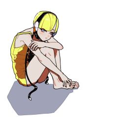 Rule 34 | 1girl, 2049 (hh5566), armpits, ass, bare legs, bare shoulders, barefoot, black panties, blonde hair, blue eyes, breasts, dress, elesa (pokemon), expressionless, feet, feet together, female focus, full body, gym leader, hand on own foot, headgear, headphones, highres, hugging own legs, knee up, legs together, light blush, looking at viewer, looking to the side, medium breasts, neck, nintendo, panties, panty peek, pantyhose, parted bangs, pokemon, pokemon bw, short dress, short hair, simple background, sitting, sleeveless, sleeveless dress, toes, underwear, unworn pantyhose, upskirt, white background, yellow dress