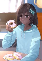 1girl :t airport arm_on_table bench blue_hoodie brown_eyes brown_hair chewing closed_mouth commentary crossed_bangs crumbs dark-skinned_female dark_skin day donut dot_nose eating english_commentary expressionless food hair_between_eyes hair_ornament highres hood hood_down hoodie indoors light_blush light_particles long_sleeves looking_at_viewer medium_hair melamel_3 original pocket sleeves_past_wrists snowflake_hair_ornament solo sprinkles table upper_body very_dark_skin