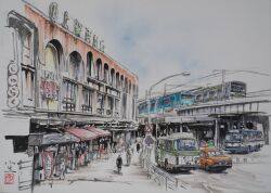 6+girls absurdres bridge building bus graphite_(medium) highres lamppost motor_vehicle multiple_girls multiple_unit_train original overhead_line power_lines road shadow shop sketch slice_of_life street tanamachi_yoshihiro town traditional_media train window
