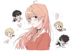 Rule 34 | 1girl, 4boys, ahoge, arms up, black choker, black eyes, black hair, black pants, black shirt, blonde hair, blush, brown shorts, bug, butterfly, chibi, choker, dress, furutoride, grey hair, hands behind own head, insect, jumping, kazamatsuri kanshi, kiryuu miharu, long hair, looking at viewer, lying, magami keigo, multicolored hair, multiple boys, otogi morihito, pants, pink hair, red dress, running, serious, shirt, short hair, shorts, simple background, smile, striped clothes, striped shirt, two-tone hair, wakatsuki niko, white background, white shirt, witch watch