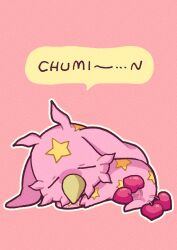 1other closed_eyes colored_skin commentary english_text highres jojo_no_kimyou_na_bouken m_a_a_m_8 no_humans outline pink_background pink_skin sleeping solo speech_bubble stand_(jojo) star_(symbol) star_print steel_ball_run symbol-only_commentary tusk_(stand) tusk_act1 white_outline