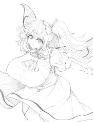 1girl absurdres aonori00 breasts commentary_request daiyousei dress greyscale highres huge_breasts looking_at_viewer medium_hair monochrome open_mouth pointy_ears side_ponytail simple_background sketch solo touhou wings