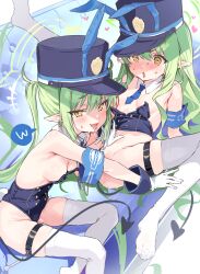 2girls after_cunnilingus alternate_costume animal_ears arm_cuffs armband armpit_crease black_tail blue_archive blue_armband blue_hat blue_leotard blue_wrist_cuffs blush breasts collar commentary_request demon_tail detached_collar fake_animal_ears fang gloves green_hair green_halo halo hat heart heart-shaped_pupils highres hikari_(blue_archive) incest leotard long_hair m_legs multiple_girls necktie nikuya_(nikuniku_nikuya) nozomi_(blue_archive) open_mouth playboy_bunny pointy_ears pussy_juice pussy_juice_trail rabbit_ears siblings sideboob sidelocks sisters skindentation small_breasts spread_legs sweat symbol-shaped_pupils tail thigh_strap thighhighs tongue tongue_out torogao twincest twins twintails very_long_hair white_collar white_gloves white_thighhighs wrist_cuffs yellow_eyes yuri