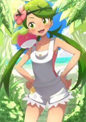 1girl :d absurdres blush bounsweet cloud collarbone commentary cowboy_shot day flower gen_7_pokemon green_eyes green_hair green_headband grey_overalls hair_flower hair_ornament hands_on_own_hips happy headband highres long_hair mallow_(pokemon) nintendo open_mouth outdoors overalls pink_flower pink_shirt pokemon pokemon_(creature) pokemon_sm shirt sky smile teeth tongue twintails upper_teeth_only yuu_(yuu777hh)