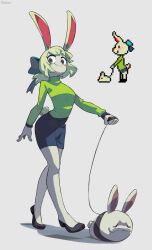 1girl absurdres animal animal_ears black_bow black_eyes black_shoes blonde_hair blue_skirt bow breasts cinnamon_(undertale) closed_mouth colored_skin commentary denim denim_skirt english_commentary fewer_digits from_below full_body green_sweater grey_background grey_skin hair_bow highres holding holding_leash leash long_sleeves looking_at_viewer low_ponytail mr_plagu3 pet ponytail rabbit_ears rabbit_girl rabbit_girl_(undertale) rabbit_tail reference_inset shadow shoes simple_background skirt slit_pupils small_breasts smile solo sweater tail turtleneck turtleneck_sweater twitter_username undertale walking white_rabbit_(animal)