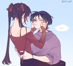 1boy 1girl alternate_costume between_legs black_hair black_skirt blue_background blunt_bangs blunt_ends bow brown_bow brown_hair casual cheek_press closed_mouth contemporary earrings english_text eyeliner eyeshadow facing_another genshin_impact hair_bow hands_on_another&#039;s_back hands_on_another&#039;s_cheeks hands_on_another&#039;s_face hetero highres jewelry long_hair long_skirt long_sleeves looking_at_another makeup mona_(genshin_impact) multicolored_hair nxomii_herx purple_eyes purple_hair purple_nails purple_shirt purple_sleeves red_eyeliner red_eyeshadow red_shirt scaramouche_(genshin_impact) shirt skirt spaghetti_strap streaked_hair three-quarter_sleeves tsurime twintails twitter_username wispy_bangs wristband