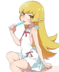 1girl bare_shoulders blonde_hair dress flat_chest food highres koonowen long_hair looking_at_viewer monogatari_(series) oshino_shinobu pointy_ears popsicle simple_background sitting solo sweat tongue white_dress yellow_eyes