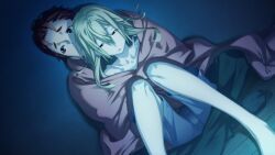 1boy 1girl barefoot black_pants black_socks blonde_hair blue_shorts brown_eyes collarbone dim_lighting fukuda_tomonori game_cg hair_between_eyes hair_down highres hug indoors knees koujiro_frau looking_to_the_side loungewear messy_hair narrowed_eyes nervous no_shoes non-web_source official_art on_floor on_lap on_person open_mouth pants red_eyes red_hair robotics;notes sad screen_light shared_blanket shiny_eyes short_hair shorts sleepy socks tank_top white_tank_top wooden_floor yashio_kaito