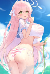 1girl ass bikini blue_archive blue_sailor_collar blue_sky blush bodypaint bow braid breasts cloud cowboy_shot crop_top crop_top_overhang day from_behind green_eyes hair_between_eyes hair_bow halo hanako_(blue_archive) holding holding_hose hose huge_breasts long_hair looking_at_viewer looking_back outdoors painted_clothes parted_lips pink_hair pink_halo sailor_collar shirt short_sleeves side-tie_bikini_bottom single_braid sky smile solo standing striped_bikini striped_clothes swimsuit underboob ushimittsu very_long_hair water wet white_bow white_shirt