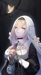 1girl absurdres aponia_(honkai_impact) black_dress blonde_hair blue_eyes breast_curtains breasts bug butterfly chain chinese_commentary commentary_request dress highres holding holding_chain honkai_(series) honkai_impact_3rd insect large_breasts looking_up m78_zaitaoaotezhanshi medium_hair mole mole_under_eye nun own_hands_together solo upper_body veil white_veil