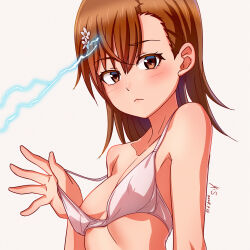 1girl areola_slip bra bra_pull breasts brown_eyes brown_hair closed_mouth clothes_pull djt_(user_wrzg5248) electricity flower frown hair_flower hair_ornament highres medium_hair misaka_mikoto simple_background small_breasts solo toaru_kagaku_no_railgun toaru_majutsu_no_index underwear white_background white_bra