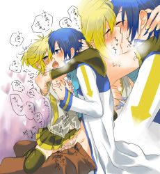 2boys blush crossdressing crossdressing_(mtf) cum highres kagamine_len kaito_(vocaloid) kiss male_focus manao multiple_boys nail_polish nipples ponytail saliva shota skirt sweat tongue trap trembling vocaloid yaoi