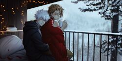 2boys absurdres alternate_costume blonde_hair boku_no_hero_academia book book_stack brown_pants closed_eyes closed_mouth cup earrings facial_hair feathered_wings feathers goatee_stubble hawks_(boku_no_hero_academia) highres holding holding_cup hood hoodie jewelry long_sleeves looking_at_another looking_back male_focus multiple_boys on_bed pants red_feathers red_wings saika076 short_hair sideburns sitting sitting_on_lap sitting_on_person smile snow snowing spiked_hair stubble thick_eyebrows todoroki_touya tree twitter_username white_hair wings yaoi