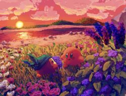2boys bandana bandana_waddle_dee blue_bandana blue_eyes blush_stickers callum cloud cloudy_sky flower kirby kirby_(series) looking_at_another multiple_boys nintendo no_humans no_nose outdoors pink_flower purple_flower red_sky sky smile standing sun sunset water white_flower