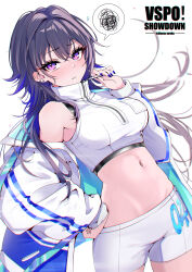 1girl absurdres black_hair blue_nails blush breasts character_name chromatic_aberration closed_mouth cowboy_shot crop_top diffraction_spikes dutch_angle ear_piercing english_text groin hand_on_own_hip highres ichinose_uruha jacket kiiro_(cocoa080) long_hair looking_at_viewer medium_breasts midriff multicolored_hair navel off_shoulder open_clothes open_jacket piercing purple_eyes shirt short_shorts shorts sleeveless sleeveless_shirt solo spoken_squiggle squiggle standing streaked_hair turtleneck virtual_youtuber vspo! white_jacket white_shorts