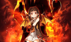 1boy 1girl aiming artist_request back-to-back bare_shoulders black_coat black_gloves black_hair black_hairband black_ribbon black_shirt blunt_bangs boxing_gloves coat collared_coat colored_tips dot_nose dragon_tail dragon_wings embers fake_tail fake_wings fire flame_print formal_clothes game_cg gloves gun hair_ribbon hairband high_collar holding holding_gun holding_weapon light_blush long_hair looking_at_viewer magia_record:_mahou_shoujo_madoka_magica_gaiden magical_girl mahou_shoujo_madoka_magica miniskirt multicolored_hair official_art ooba_juri open_clothes open_coat open_mouth orange_eyes orange_hair pleated_skirt ribbon shirt sidelocks size_difference skirt sleeveless sleeveless_coat smirk solo_focus straight_hair suit tail tareme v-shaped_eyebrows weapon white_ribbon white_skirt wings