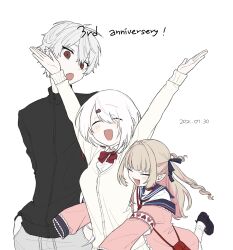 1boy 2girls :d anniversary armband arms_up black_sweater bow bowtie brown_hair cardigan closed_eyes collared_shirt colored_inner_hair dated fang grey_hair grey_pants hands_in_pockets happy height_difference highres hug jacket kuzuha_(nijisanji) long_hair looking_at_another makaino_ririmu multicolored_hair multiple_girls nijisanji open_mouth pants pink_hair pink_jacket po_(po_495) pointy_ears red_eyes sailor_collar school_uniform serafuku shiina_yuika shirt short_hair simple_background sleeves_past_fingers sleeves_past_wrists smile socks sweater two-tone_hair two_side_up virtual_youtuber white_background white_hair