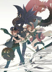 armor bare_shoulders belt blonde_hair blue_dress blue_jacket blue_pants body_fur brown_fur card dark_magician dark_magician_girl dragon dress duel_disk duel_monster extra_mouth grey_background highres holding holding_card jacket jacket_on_shoulders jikei kuriboh medium_hair millennium_puzzle multicolored_hair osiris_the_sky_dragon pants purple_armor purple_eyes purple_hair simple_background trading_card twitter_username watermark yami_yugi yu-gi-oh! yu-gi-oh!_duel_monsters