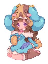 Rule 34 | 1girl, animal hat, anyamal tantei kirumin zoo, arm behind back, blue dress, blush stickers, breasts, brown hair, cleavage, dog hat, dress, full body, hat, kneeling, mikogami nagisa, no nose, open mouth, purple eyes, simple background, solo, white background, zudzuki