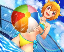 Rule 34 | 1girl, :d, ahoge, ball, bangle, beachball, bikini, blonde hair, blue bikini, bow, bow bikini, bracelet, breasts, cloud, cloudy sky, dutch angle, hanamasa ono, highres, holding, holding ball, ibuki tsubasa, idolmaster, idolmaster million live!, jewelry, layered bikini, lens flare, looking at viewer, medium breasts, necklace, open mouth, red eyes, short hair, sky, smile, solo, swimsuit, teeth, upper teeth only, wading, water, wet, yellow bikini