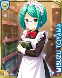 Rule 34 | 1girl, :o, apron, black dress, bookcase, bow, card (medium), day, dress, girlfriend (kari), green eyes, green hair, indoors, maid apron, maid headdress, official art, open mouth, qp:flapper, red bow, red neckwear, short hair, solo, swept bangs, tagme, toyama misuzu, white apron, white headwear