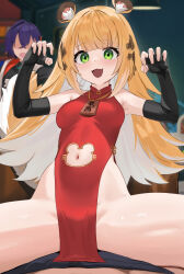 1boy 2girls :d alternate_costume animal_ear_fluff animal_ears belle_(zenless_zone_zero) black_gloves blush breasts china_dress chinese_clothes clothing_cutout colored_inner_hair dress elbow_gloves fingerless_gloves gloves green_eyes highres indoors ju_fufu loli long_hair looking_at_viewer medium_breasts multicolored_hair multiple_girls navel_cutout open_mouth orange_hair paw_pose pelvic_curtain pov red_dress skai_kun sleeveless sleeveless_dress smile solo_focus spread_legs straddling tail tiger_ears tiger_girl tiger_tail zenless_zone_zero