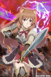 1girl animal_ear_fluff animal_ears armor armored_boots armored_gloves artist_request belt black_dress boots breastplate breasts brown_belt brown_boots brown_gloves brown_hair chain_chronicle collared_dress commentary_request cowboy_shot dress elbow_gloves gloves hand_up high_collar holding holding_sword holding_weapon long_hair long_sleeves looking_at_viewer medium_breasts metal_arm_cuffs metal_wrist_cuffs neck_ribbon official_art pauldrons pink_eyes raccoon_ears raccoon_girl raphtalia red_dress red_eyes red_ribbon red_sky ribbon short_dress shoulder_armor single_pauldron sky sleeveless sleeveless_dress solo straight_hair striped_clothes striped_dress sword tate_no_yuusha_no_nariagari thigh_boots thighhighs two-tone_dress vertical-striped_clothes vertical-striped_dress weapon white_dress zettai_ryouiki