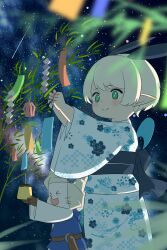 Rule 34 | absurdres, blonde hair, final fantasy, final fantasy xiv, green eyes, highres, japanese clothes, kimono, lalafell, night, night sky, obi, pointy ears, sash, shelldy, short hair, sky, smile, star (sky), starry sky, tanabata, tanzaku, warrior of light (ff14), wide sleeves