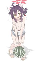 1girl :3 ahoge blue_archive blush breasts camisole cleavage cutoffs extra_ears fang flying_sweatdrops food fruit full_body hair_bun halo highres holding_net kaede_(blue_archive) large_breasts long_sleeves nemo_(leafnight) open_mouth oppai_loli purple_hair sandals shadow shirt short_hair sidelocks simple_background solo sweat v_arms watermelon white_background white_shirt yellow_eyes