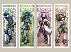 2boys 2girls aine_(hoshi_wo_miru_hito) aquarius_(symbol) aries_(symbol) armor armpits arms_up asymmetrical_bangs bare_shoulders belt belt_buckle black_shirt black_shorts black_thighhighs blue_boots blue_eyes blue_hair blue_headband blue_jacket blue_pants blue_skirt boots border bow bracer breastplate brown_boots brown_gloves buckle cancer_(symbol) capricorn_(symbol) card_(medium) character_name closed_mouth coat collar collared_coat collared_dress commentary_request denim detached_sleeves dress expressionless eyelashes footwear_ribbon frilled_collar frilled_sleeves frills frown full_body fuyuzato_seia gemini_(symbol) gloves gold_thighlet green_dress green_eyes green_hair green_ribbon green_shirt green_sleeves grey_border hair_between_eyes hair_over_one_eye hairband hand_on_own_hip happy headband high-waist_skirt hoshi_wo_miru_hito jacket jeans jewelry knee_pads kneehighs lapels long_hair long_sleeves looking_at_viewer minami_(hoshi_wo_miru_hito) miniskirt misa_(hoshi_wo_miru_hito) multiple_belts multiple_boys multiple_girls open_mouth pants parted_bangs peaked_lapels pendant pink_coat pink_hair pink_tank_top pisces_(symbol) purple_eyes red_boots ribbon sagittarius_(symbol) scorpio_(symbol) sheath sheathed shiba_(hoshi_wo_miru_hito) shirt shoe_belt short_dress short_hair short_sleeves short_sword shorts shorts_under_skirt single_knee_pad skirt smile socks standing stargazer_(series) straight_hair strapless strapless_dress stretching sword tank_top tareme taurus_(symbol) thigh_belt thigh_strap thighhighs toned toned_male turtleneck turtleneck_jacket turtleneck_shirt very_long_hair waist_bow weapon white_hairband white_socks wide_sleeves wing_print winged_boots yellow_bow zodiac_wheel