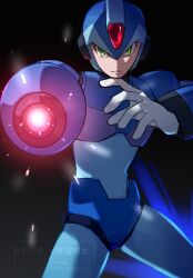 1boy arm_cannon armor blue_armor blue_helmet cowboy_shot forehead_jewel green_eyes helmet highres male_focus mega_man_(series) mega_man_x_(series) powering_up solo vani_(hisha_04) watermark weapon x_(mega_man)
