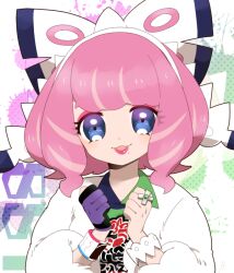 1girl bebe_0620 blue_eyes bow clenched_hands eyeliner gloves jacket jewelry klara_(pokemon) lipstick looking_at_viewer makeup nintendo open_mouth parted_lips pink_hair pokemon pokemon_(creature) pokemon_swsh portrait ring short_hair single_glove solo upper_body white_bow white_jacket wrist_cuffs