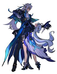 Rule 34 | 1boy, 1girl, ahoge, ascot, back bow, bent back, black gloves, black pants, blue bow, blue coat, blue hair, blue hat, bow, coat, commentary, dancing, furina (genshin impact), genshin impact, gloves, hat, holding, holding hands, holding unworn clothes, holding unworn hat, long hair, multicolored hair, neuvillette (genshin impact), pants, pointy ears, ponytail, serious, sidelocks, simple background, size difference, streaked hair, tailcoat, top hat, towa (10 wa), unworn hat, unworn headwear, white ascot, white background, white hair