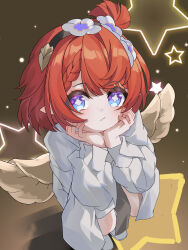 Rule 34 | 1girl, absurdres, angel wings, blue eyes, blush, braid, evzeva, flower, hairband, highres, honkai: star rail, honkai (series), long sleeves, looking at viewer, oversized clothes, oversized shirt, red hair, shirt, solo, symbol-shaped pupils, tribbie (honkai: star rail), white blindfold, white shirt, wings