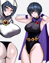 1girl absurdres armpits arms_up ass black_hair black_leotard blue_hair blush breasts brown_eyes cape choker cosplay dc_comics highres hood jewelry large_breasts leotard looking_at_viewer medium_breasts nero_watch persona persona_5 purple_cape raven_(dc) raven_(dc)_(cosplay) short_hair smile solo studded_choker takemi_tae teen_titans white_cape white_leotard
