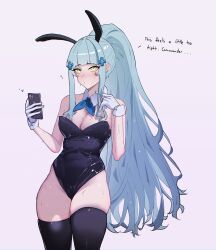 1girl absurdres alternate_costume animal_ears bare_shoulders black_leotard black_thighhighs blue_hair blue_neckerchief breasts cellphone cleavage closed_mouth collar commentary cowboy_shot cross_hair_ornament detached_collar english_commentary english_text fake_animal_ears girls&#039;_frontline girls&#039;_frontline_2:_exilium gloves green_eyes hair_ornament highres hk416_(girls&#039;_frontline) holding holding_phone klukai_(girls&#039;_frontline_2) leotard long_hair looking_at_viewer naofeesh neckerchief phone playboy_bunny ponytail rabbit_ears simple_background skindentation smartphone solo sweat tattoo teardrop_facial_mark teardrop_tattoo thighhighs twirling_hair white_background white_collar white_gloves white_wrist_cuffs wrist_cuffs