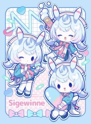 1girl animal_ears apron arm_up bandaid blue_hair blush bow character_name chibi closed_eyes cup genshin_impact heart highres holding index_finger_raised light_blue_hair long_sleeves low_twintails multicolored_hair multiple_views nada_namie one_eye_closed open_mouth oversized_object pill pink_hair sidelocks sigewinne_(genshin_impact) thighhighs twintails white_thighhighs