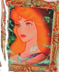 1girl aurora_(disney) blonde_hair blue_eyes company_connection dress highres lips long_hair long_sleeves looking_at_viewer makeup nyamunekonabe picture_frame simple_background sleeping_beauty_(disney) solo teeth tiara upper_body upper_teeth_only